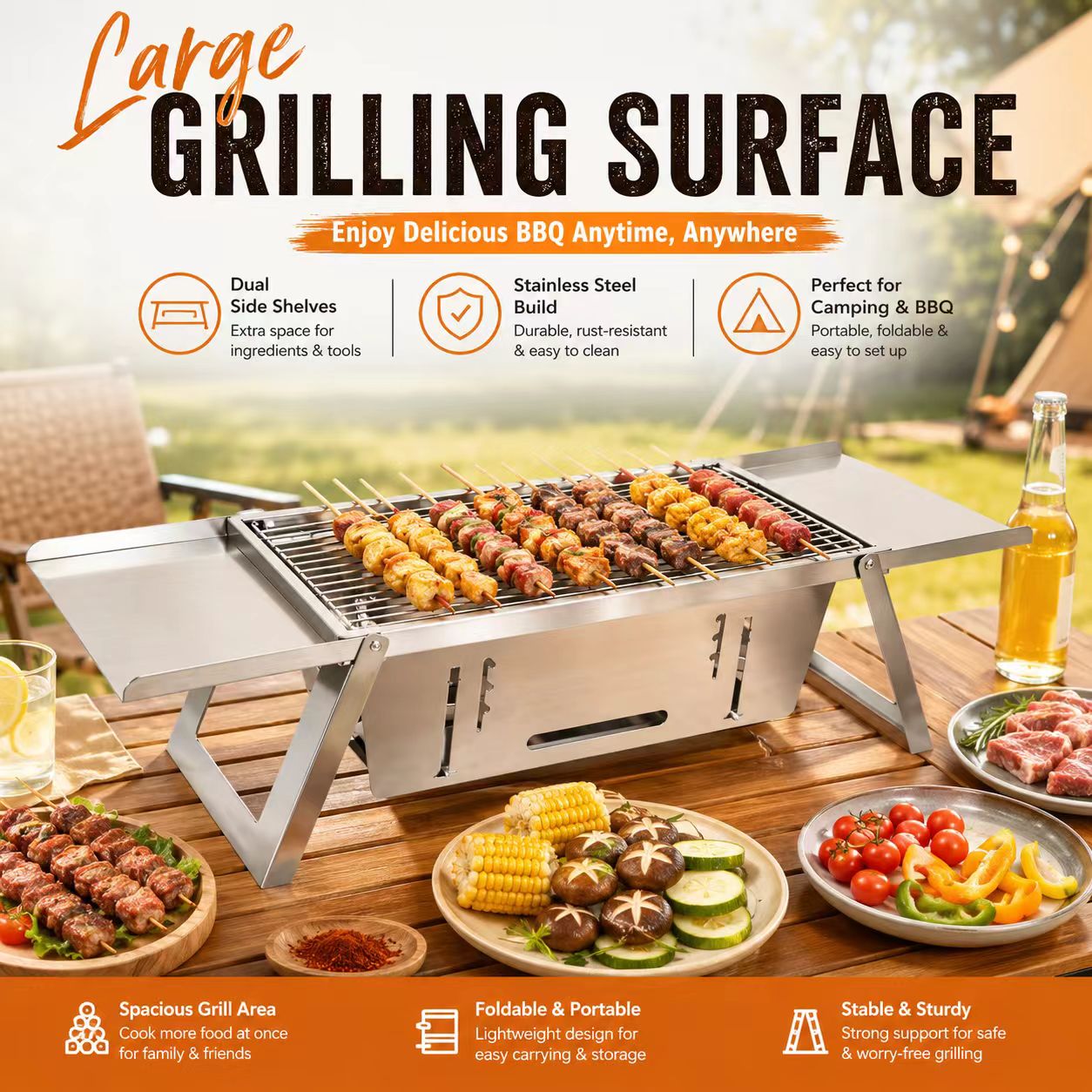 Camp Grill Portable Folding - Foldable Stainless Steel Charcoal BBQ Grill
