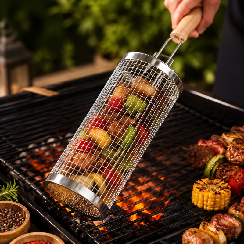 Round Barbecue Grill Basket Se - Camping Cooking Meat ulasan dan harga