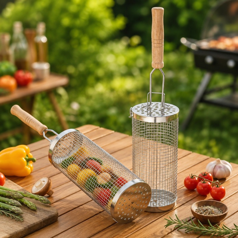 Round Barbecue Grill Basket Se - Camping Cooking Meat ulasan dan harga